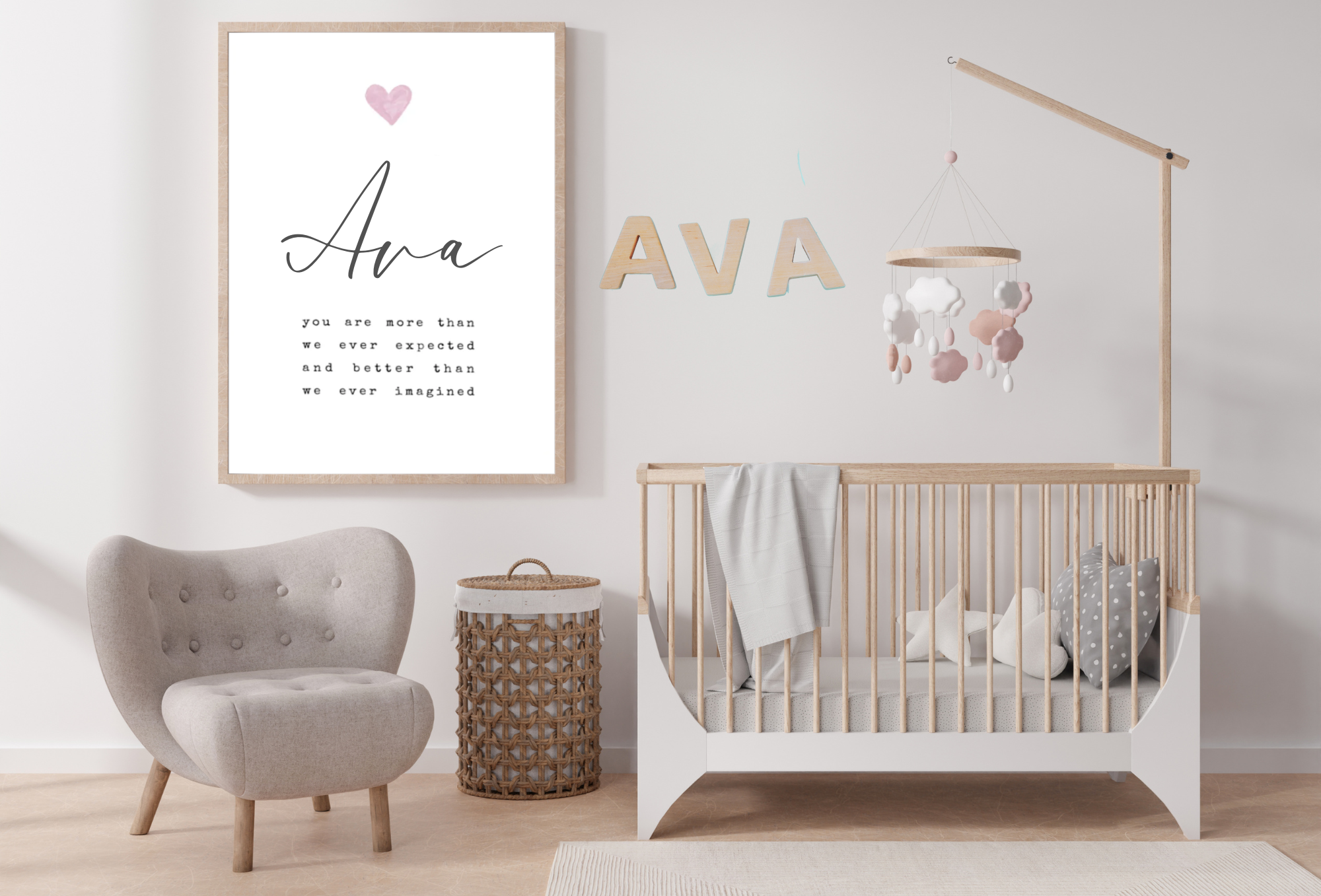 Image of a nursery room with chair, wall frame with name quote, and wooden name "Ava" above crib.